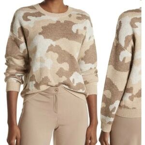 Lucky Brand M Camo Scoop Neck Brown Cream Tan Color Wool Blend Sweater
